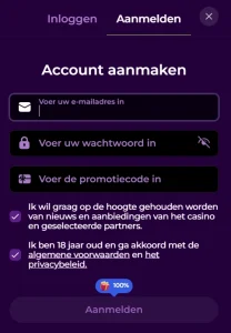 Playzini Casino registratieformulier voor het aanmaken van een nieuw account