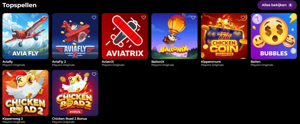 Playzini Casino topspellen lobby met AviaFly, AviatriX, BalloniX en andere originele games